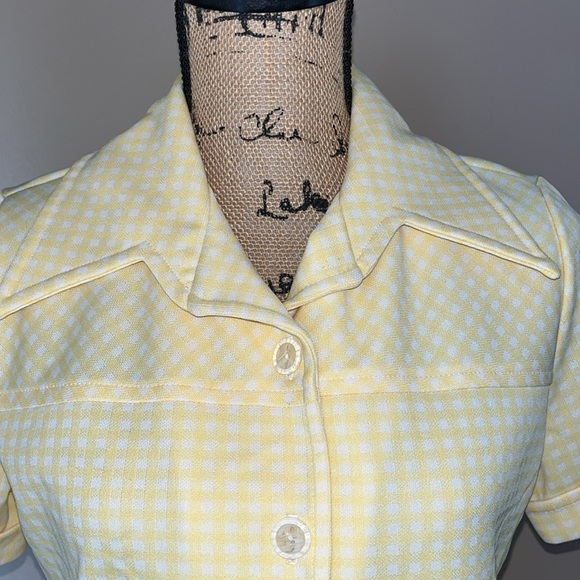 Vintage 70s Yellow Checkered Button Up Top Blouse - Picture 2 of 13
